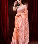 Peach Silk Cotton Handwoven Jamdani Saree With Floral Borders And Paisley Pallu