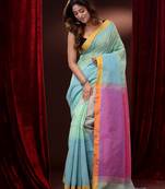Mint Green Cotton Handspun Saree With Jamdani Weave And Temple Borders