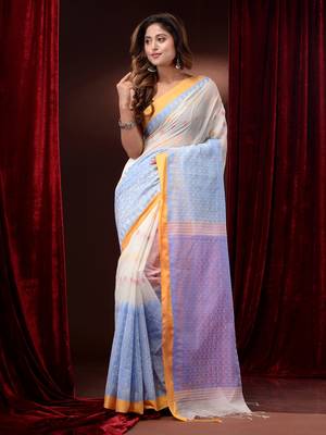 White Cotton Handspun Saree With Jamdani Weave And Temple Borders 2