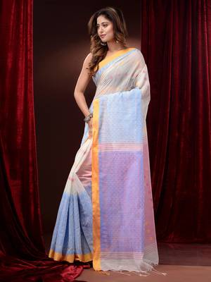 White Cotton Handspun Saree With Jamdani Weave And Temple Borders 3