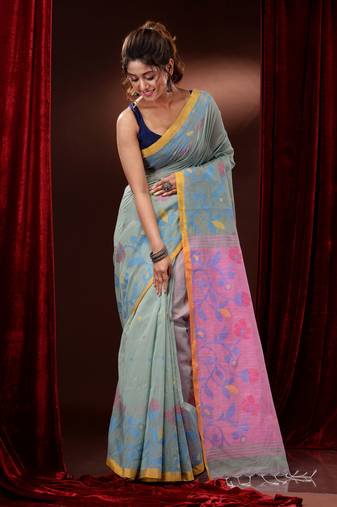 Sage Green Cotton Handspun Saree With Polka Buttas And Floral Borders