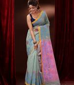 Sage Green Cotton Handspun Saree With Polka Buttas And Floral Borders