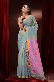 Sage Green Cotton Handspun Saree With Polka Buttas And Floral Borders