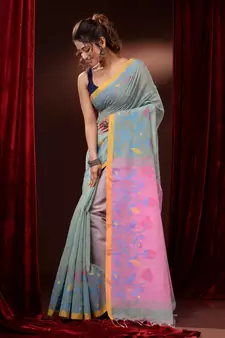Sage Green Cotton Handspun Saree With Polka Buttas And Floral Borders