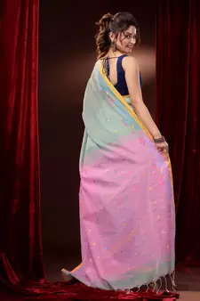 Sage Green Cotton Handspun Saree With Polka Buttas And Floral Borders