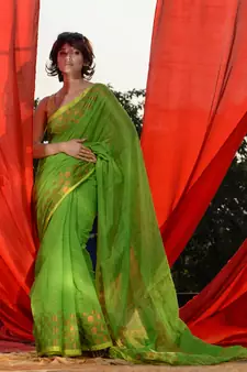 Green Cotton Blend Handwoven Saree With Geometric Motifs And Zari Stripes