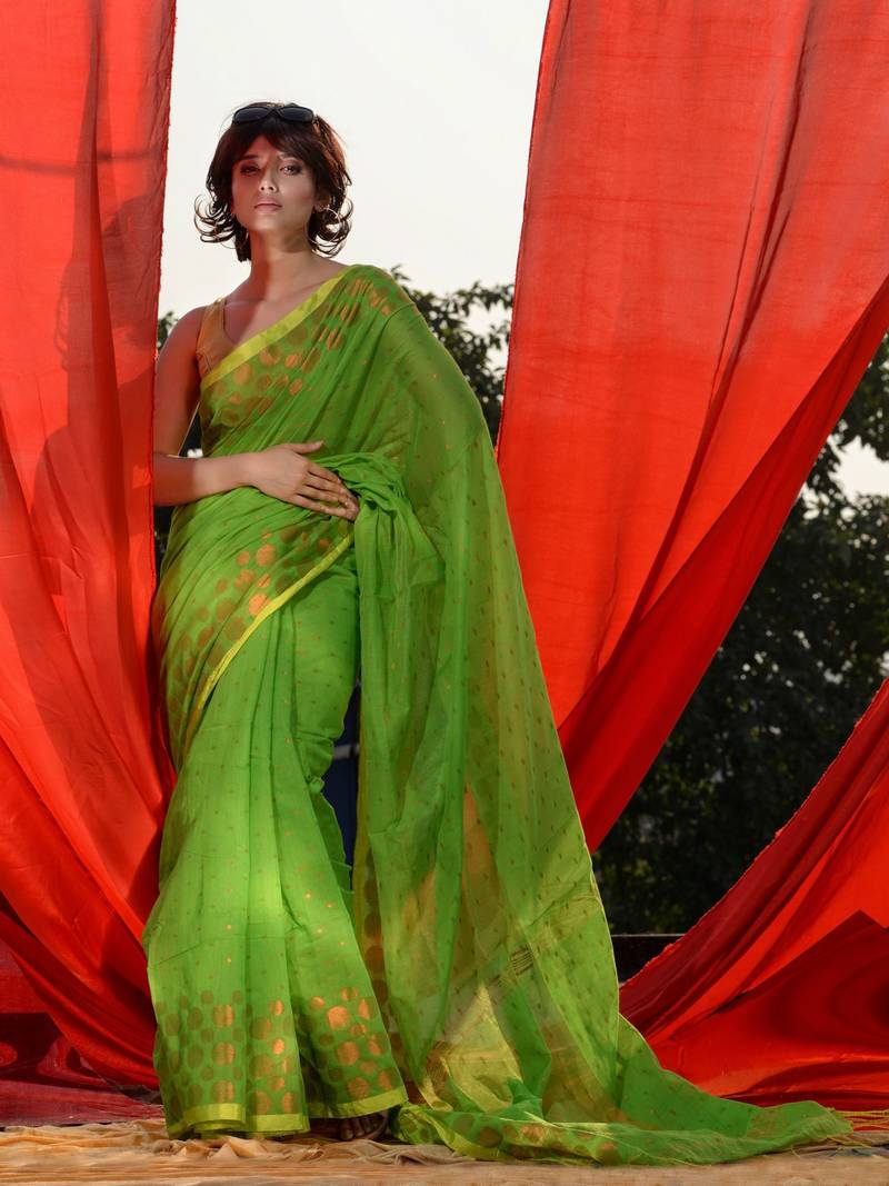 Green Cotton Blend Handwoven Saree With Geometric Motifs And Zari Stripes