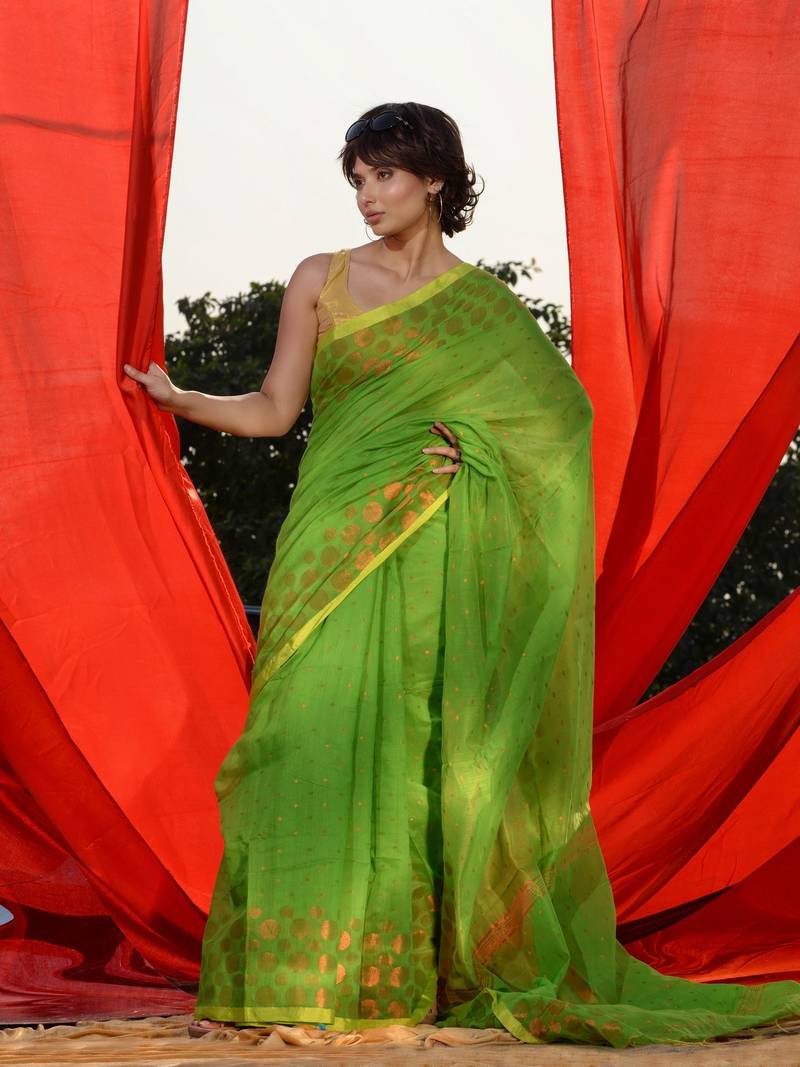 Green Cotton Blend Handwoven Saree With Geometric Motifs And Zari Stripes