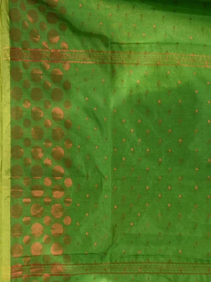 Green Cotton Blend Handwoven Saree With Geometric Motifs And Zari Stripes