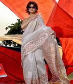 White Cotton Blend Handwoven Saree With Geometric Motifs And Zari Stripes