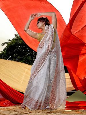 White Cotton Blend Handwoven Saree With Geometric Motifs And Zari Stripes 2