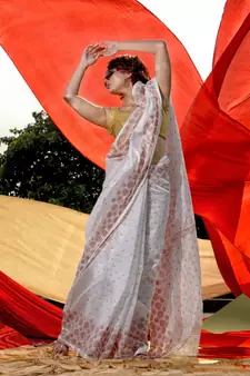 White Cotton Blend Handwoven Saree With Geometric Motifs And Zari Stripes