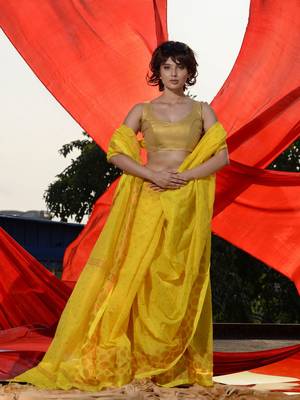 Yellow Cotton Blend Handwoven Saree With Geometric Motifs And Zari Stripes 1