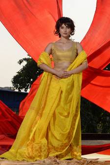 Yellow Cotton Blend Handwoven Saree With Geometric Motifs And Zari Stripes