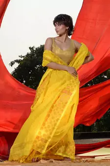 Yellow Cotton Blend Handwoven Saree With Geometric Motifs And Zari Stripes