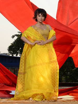 Yellow Cotton Blend Handwoven Saree With Geometric Motifs And Zari Stripes 3