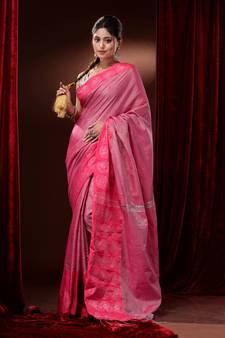 Pink Cotton Blend Handwoven Saree With Woven Zari And Floral Motifs