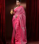 Pink Cotton Blend Handwoven Saree With Woven Zari And Floral Motifs
