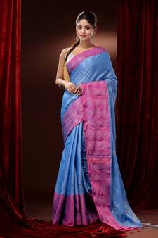 Light Blue Cotton Blend Handwoven Saree With Woven Zari And Floral Motifs