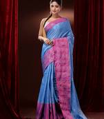Light Blue Cotton Blend Handwoven Saree With Woven Zari And Floral Motifs