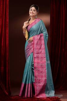 Teal Cotton Blend Handwoven Saree With Woven Zari And Floral Motifs