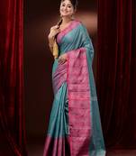 Teal Cotton Blend Handwoven Saree With Woven Zari And Floral Motifs