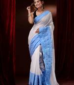 White Cotton Blend Handwoven Saree With Woven Zari And Floral Motifs