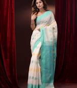 White And Blue Cotton Handspun Saree With Woven Floral Motifs