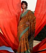 Tawny Brown Cotton Handspun Saree With Woven Floral Motifs