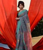 Light Grey Cotton Handspun Saree With Woven Floral Motifs
