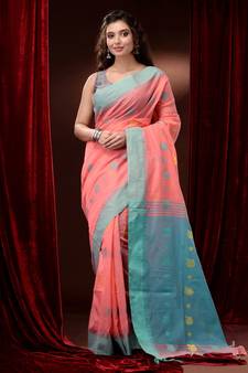 Peach Cotton Handspun Saree With Woven Floral Motifs