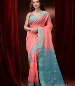 Peach Cotton Handspun Saree With Woven Floral Motifs