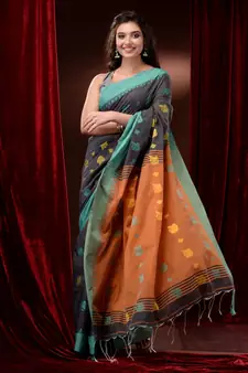Grey Cotton Handspun Saree With Woven Floral Motifs