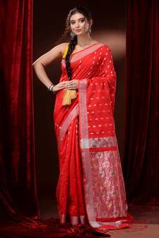 Red Cotton Blend Handwoven Saree With Paisley Motifs And Zari Woven Pallu