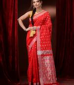 Red Cotton Blend Handwoven Saree With Paisley Motifs And Zari Woven Pallu