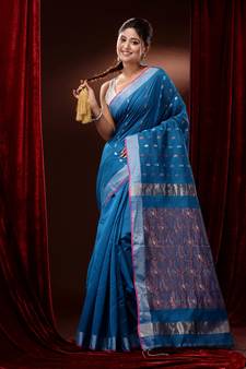 Sapphire Blue Cotton Blend Handwoven Saree With Paisley Motifs And Zari Woven Pallu
