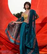 Teal Cotton Blend Handwoven Saree With Paisley Motifs And Zari Woven Pallu