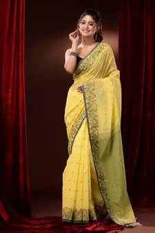 Yellow Cotton Handspun Saree With Ethnic Motifs And Jamdani Borders