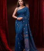 Cobalt Blue Pure Cotton Handwoven Saree With Paisley Motifs And Woven Zari Designs