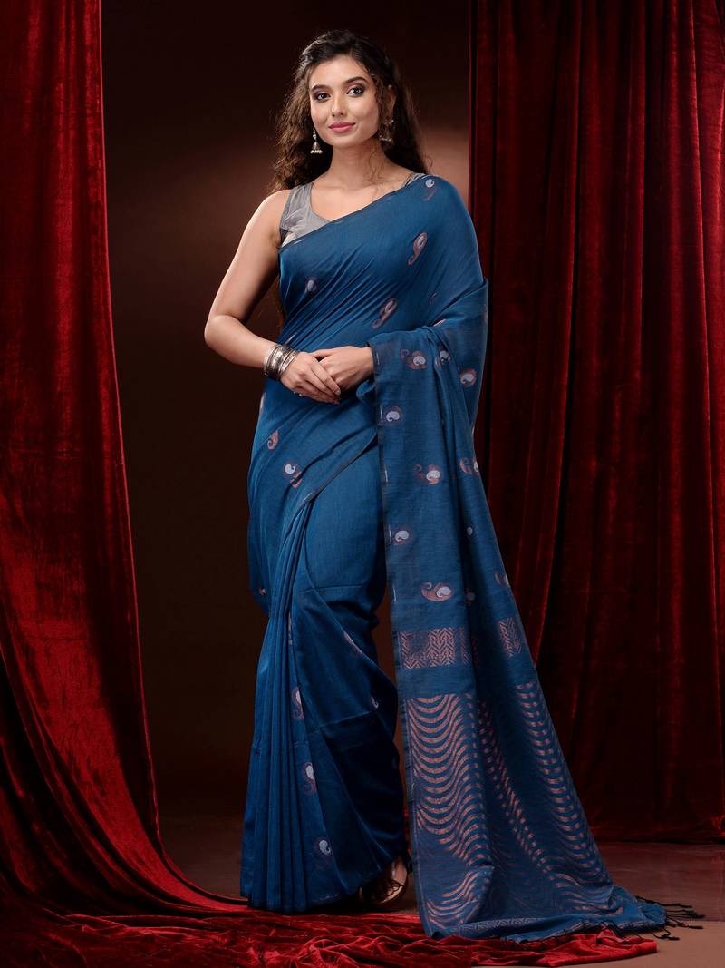 Cobalt Blue Pure Cotton Handwoven Saree With Paisley Motifs And Woven Zari Designs