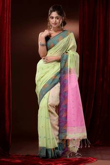Lime Green Cotton Handspun Saree With Foliage Designs