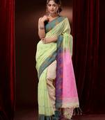 Lime Green Cotton Handspun Saree With Foliage Designs