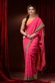 Fuchsia Cotton Handspun Checkered Saree With Dual Borders