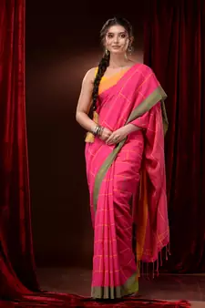 Fuchsia Cotton Handspun Checkered Saree With Dual Borders