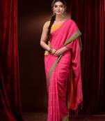 Fuchsia Cotton Handspun Checkered Saree With Dual Borders