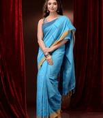 Sky Blue Cotton Handspun Checkered Saree With Dual Borders