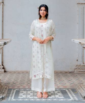 Ivory Georgette Floral Embroidered Straight Kurta Set 1