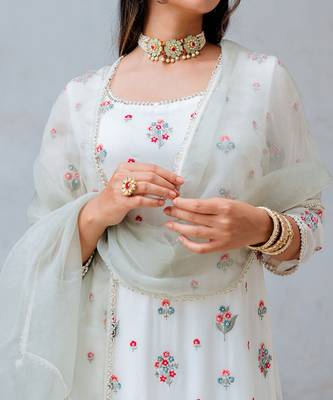 Ivory Georgette Floral Embroidered Straight Kurta Set 4
