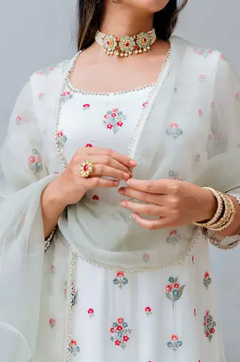 Ivory Georgette Floral Embroidered Straight Kurta Set