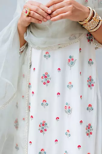 Ivory Georgette Floral Embroidered Straight Kurta Set